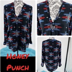 Honey Punch tribal print embroidered tunic pockets long sleeve. Size Large